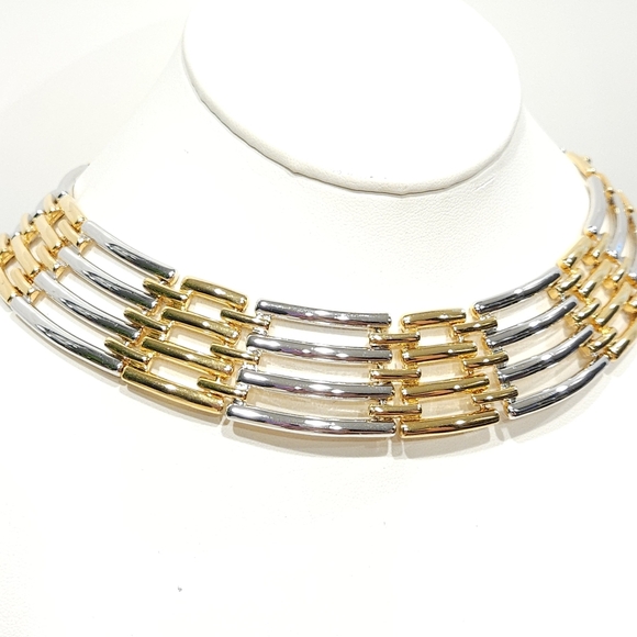 Vintage Givenchy Gold & Silver Two Tone Collar Necklace 14-inch - Picture 5 of 16